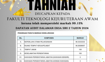 Keputusan Sesi Audit Dalaman Ekosistem Kondusif Sektor Awam (EKSA) Siri II peringkat UMPSA yang telah diadakan pada 12 November 2024. Ucapan SYABAS dan TAHNIAH buat team JK EKSA FTKA, JK Audit EKSA FTKA dan Warga Fakulti Teknologi Kejuruteraan Awam, UMPSA